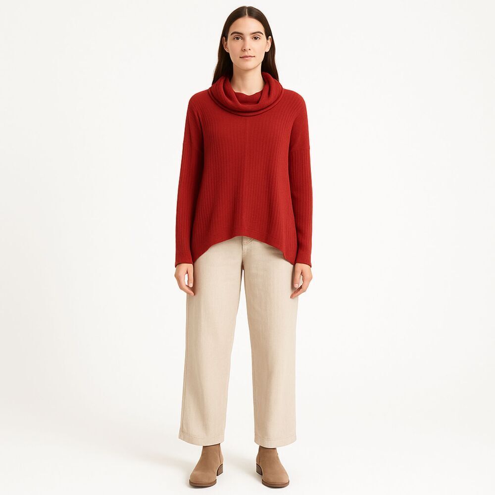 Lucky Brand Crimson Red Waffle Knit Cowl Neck Pullover Top Size S High Low Hem